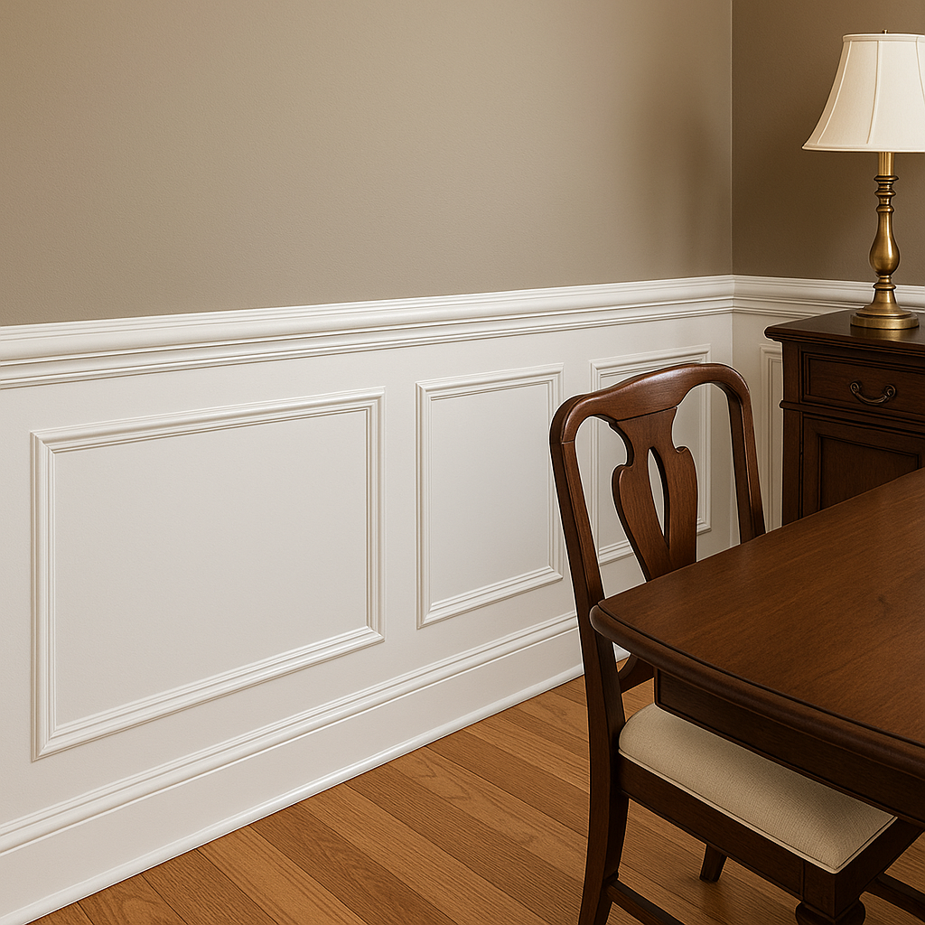 White baseboards and shoe molding installed as finish carpentry trim on hardwood floors