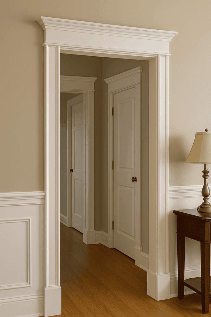 Interior doorway with built-up white trim and wainscoting, featuring a wooden side table with a brass lamp against a beige wall