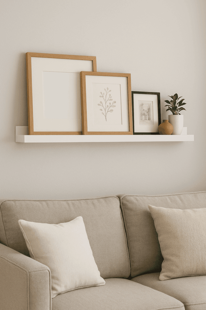 DIY white picture ledge with framed art and small plants above a beige sofa in a modern living room