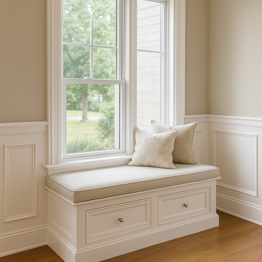 DIY built-in window seat with white trim, storage cabinets, and decorative pillows in a bright living room.