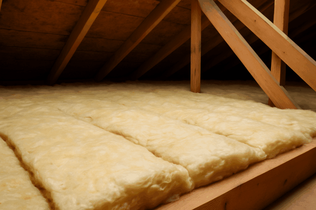 Fiberglass insulation in attic staying dry with proper ventilation.”