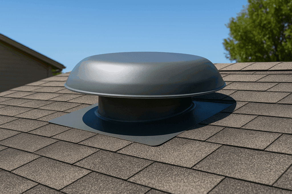 Roof-mounted attic ventilation fan installed on asphalt shingles.”