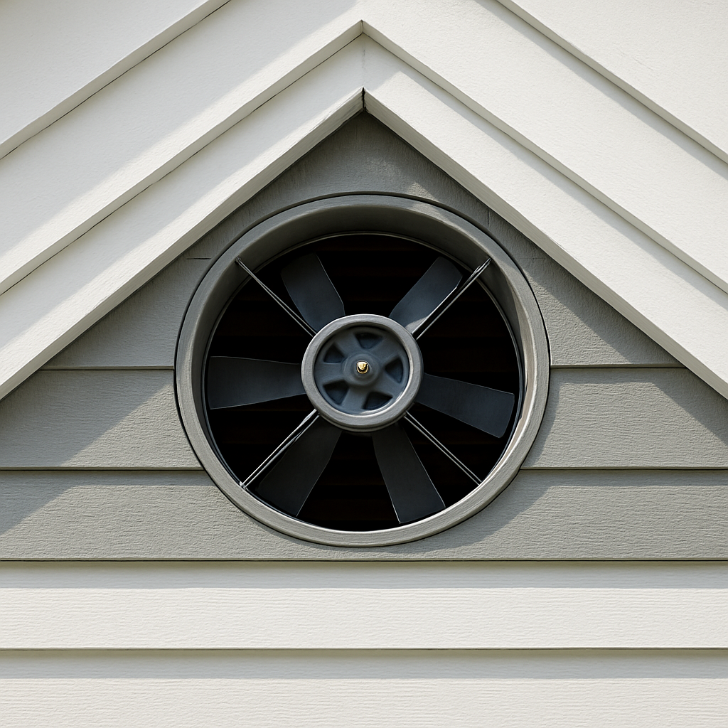 Gable-mounted attic fan installed in a triangular vent with white trim and gray siding