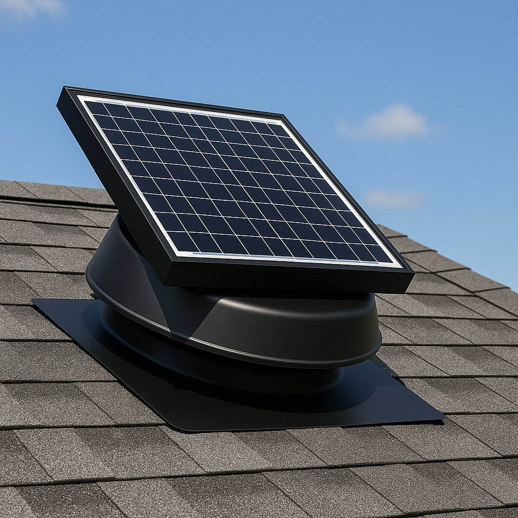 Solar-powered attic ventilation fan with solar panel mounted on roof.”