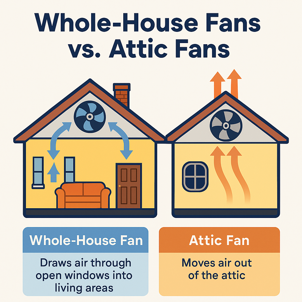 Infographic comparing whole-house fans and attic fans, showing airflow through windows and living spaces versus airflow limited to the attic