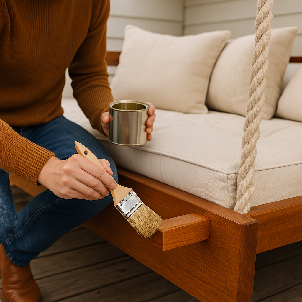 Oiling wooden frame of an outdoor hanging bed for maintenance.