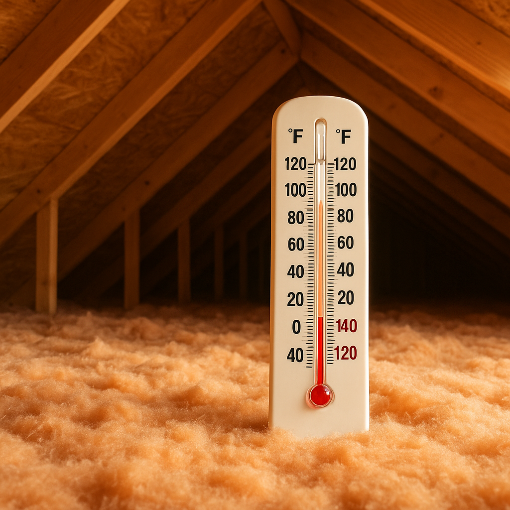 Attic thermometer showing high temperature above 140 degrees Fahrenheit on a summer day