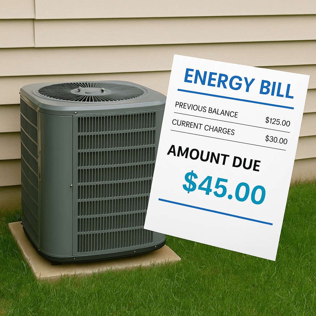Outdoor air conditioning unit next to house, showing lower energy bills