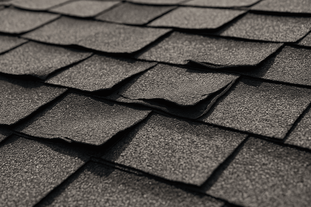 Damaged asphalt shingles curling upward from excessive attic heat exposure.