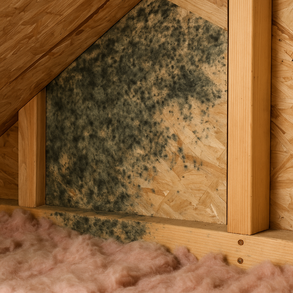Attic corner with visible mold growing on OSB beams above pink insulation from poor ventilation