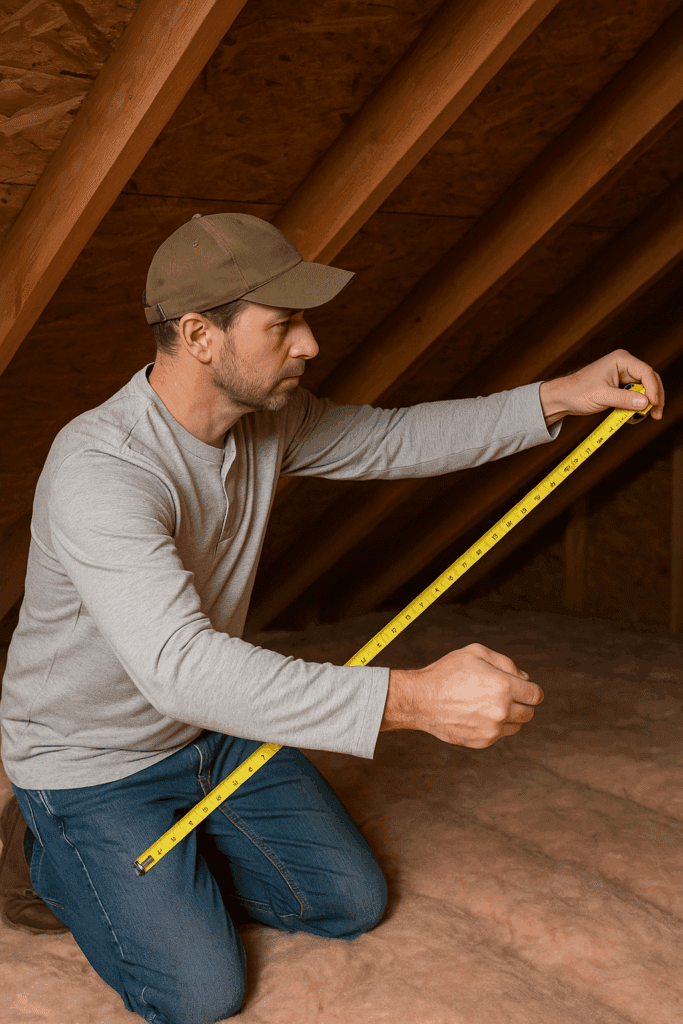 Homeowner measuring attic space with tape measure for fan size calculation.
