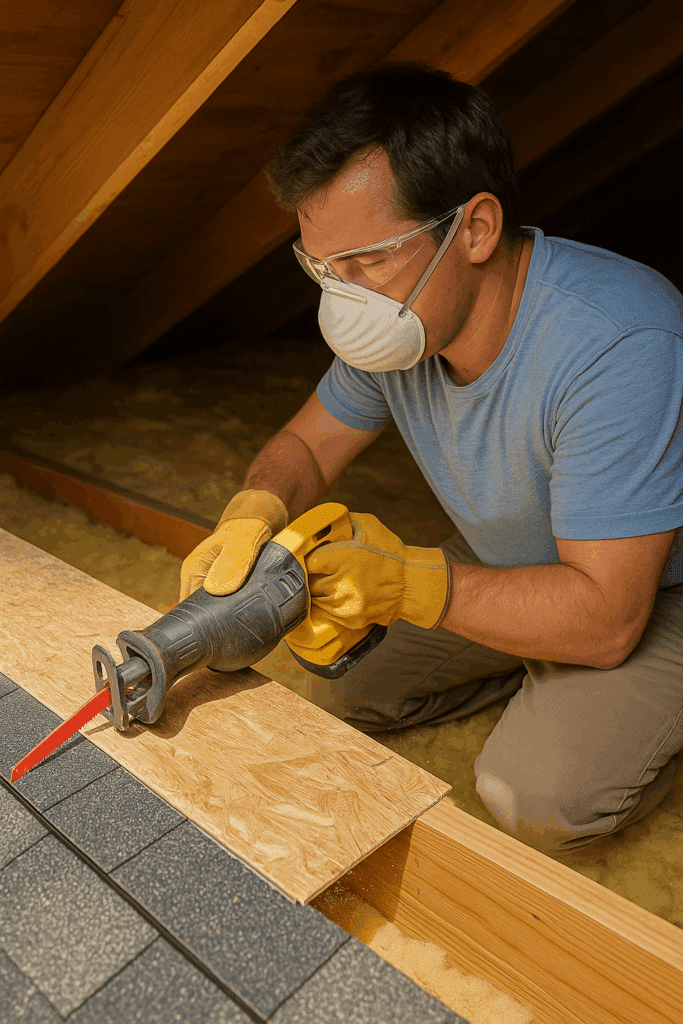 Homeowner cutting roof sheathing with reciprocating saw for attic fan installation