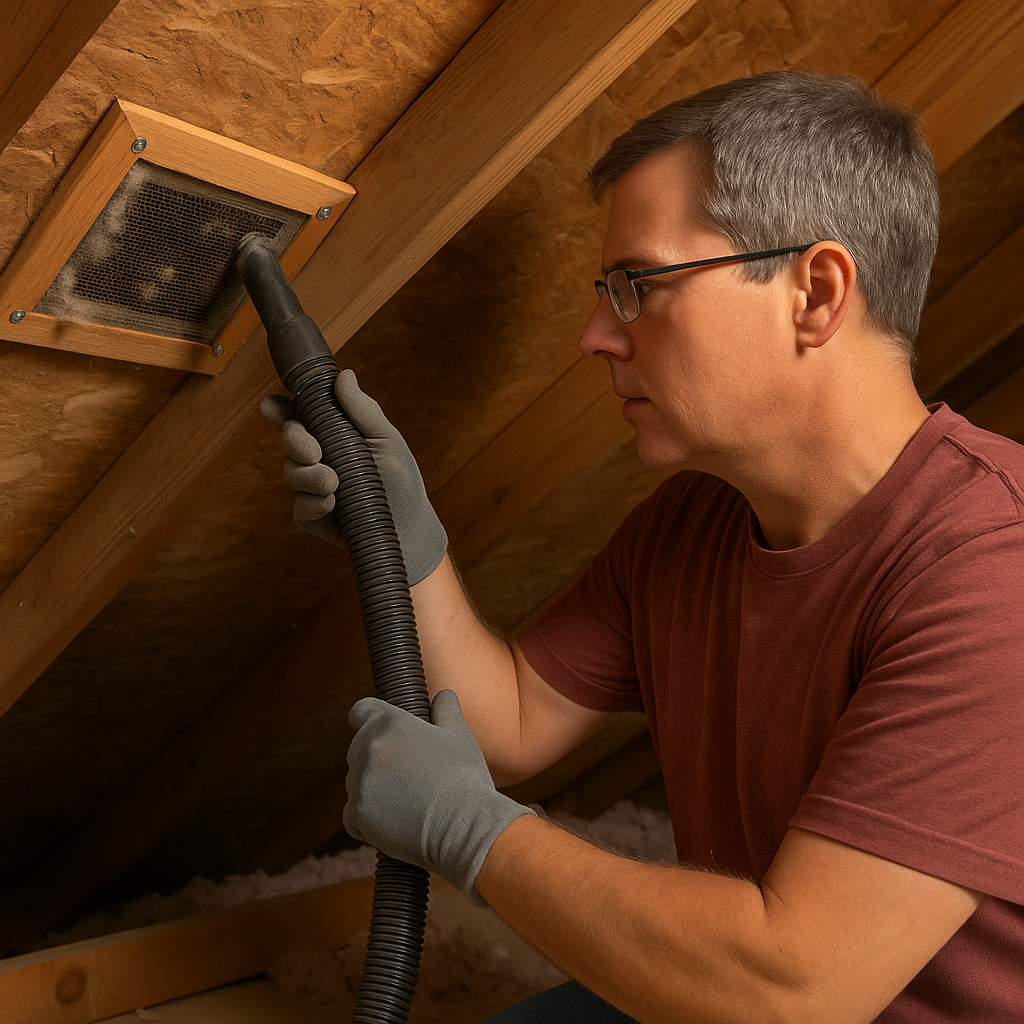 Homeowner cleaning dust and debris from attic ventilation vent.