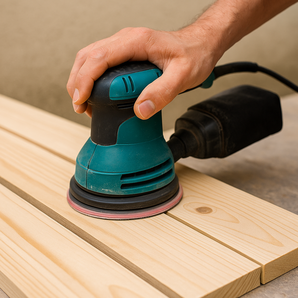 Close-up of orbital sander smoothing wooden shutter boards.