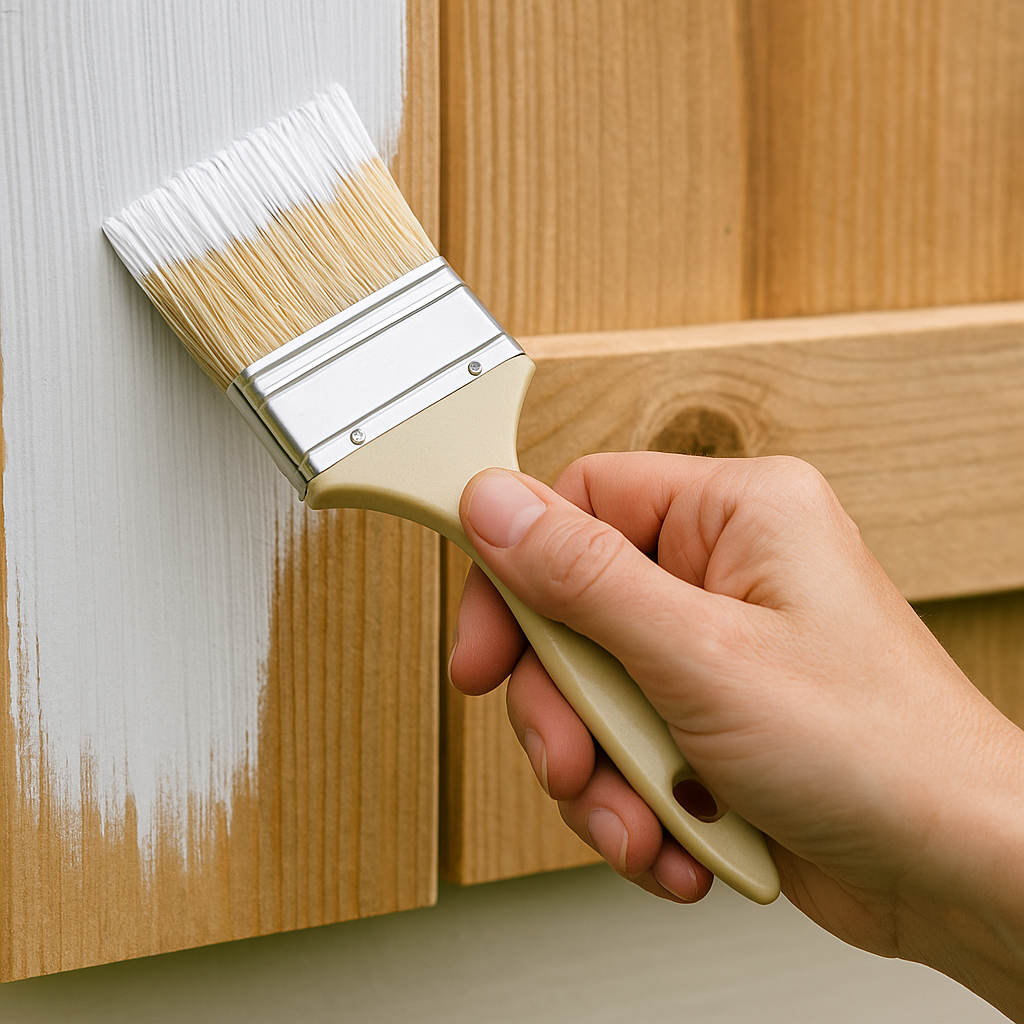 Hand applying paint on a wooden shutter for a crisp colonial finish