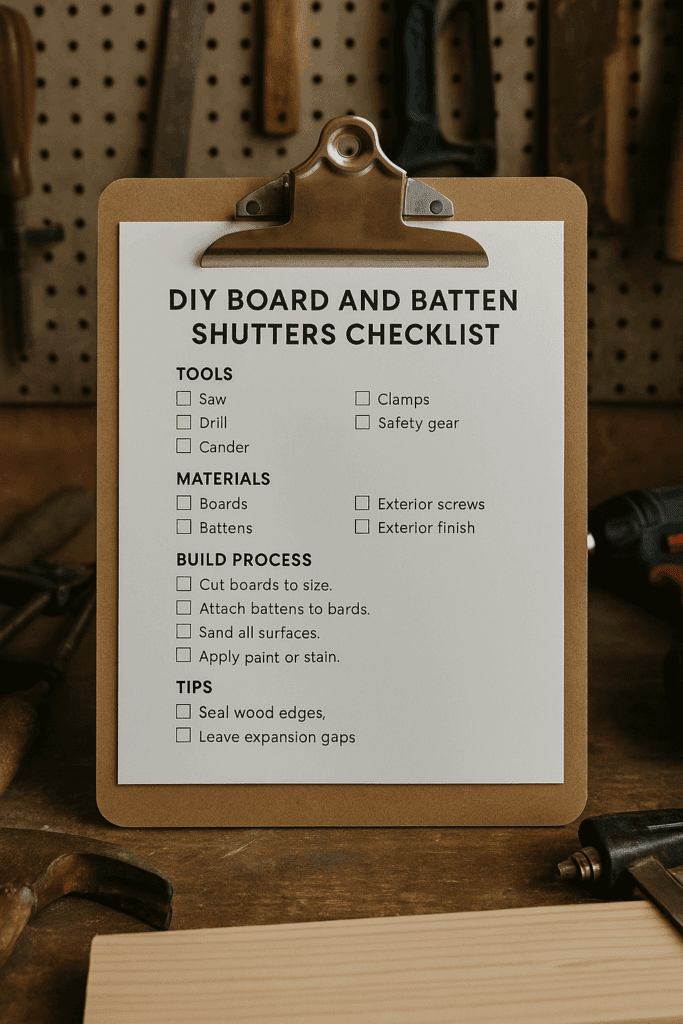 DIY printable checklist for building and installing board and batten shutters.