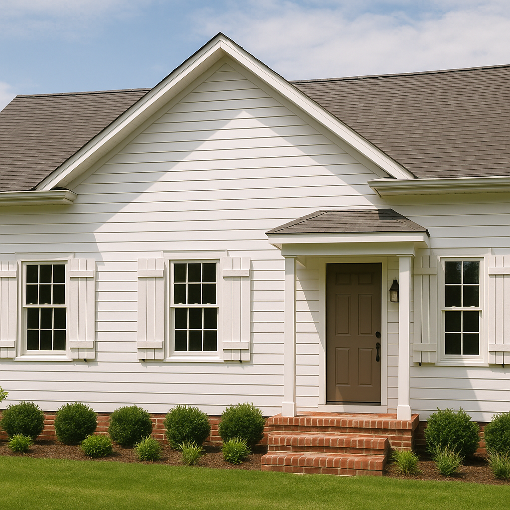 Farmhouse exterior with white board and batten shutters adding rustic charm