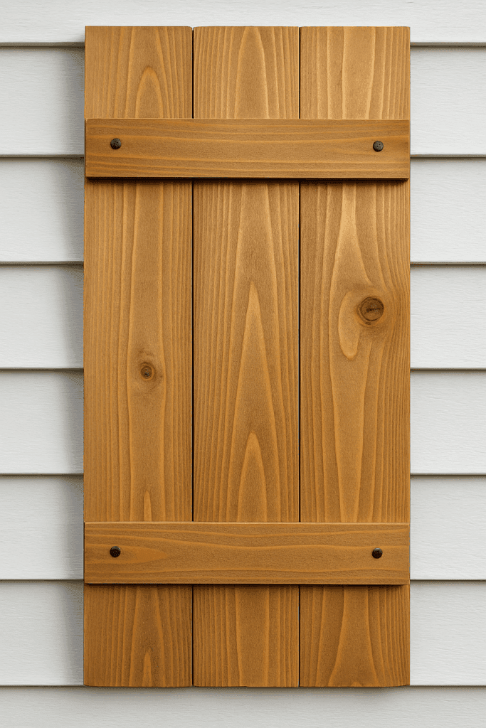 Close-up of board and batten shutters showing vertical boards and horizontal battens.