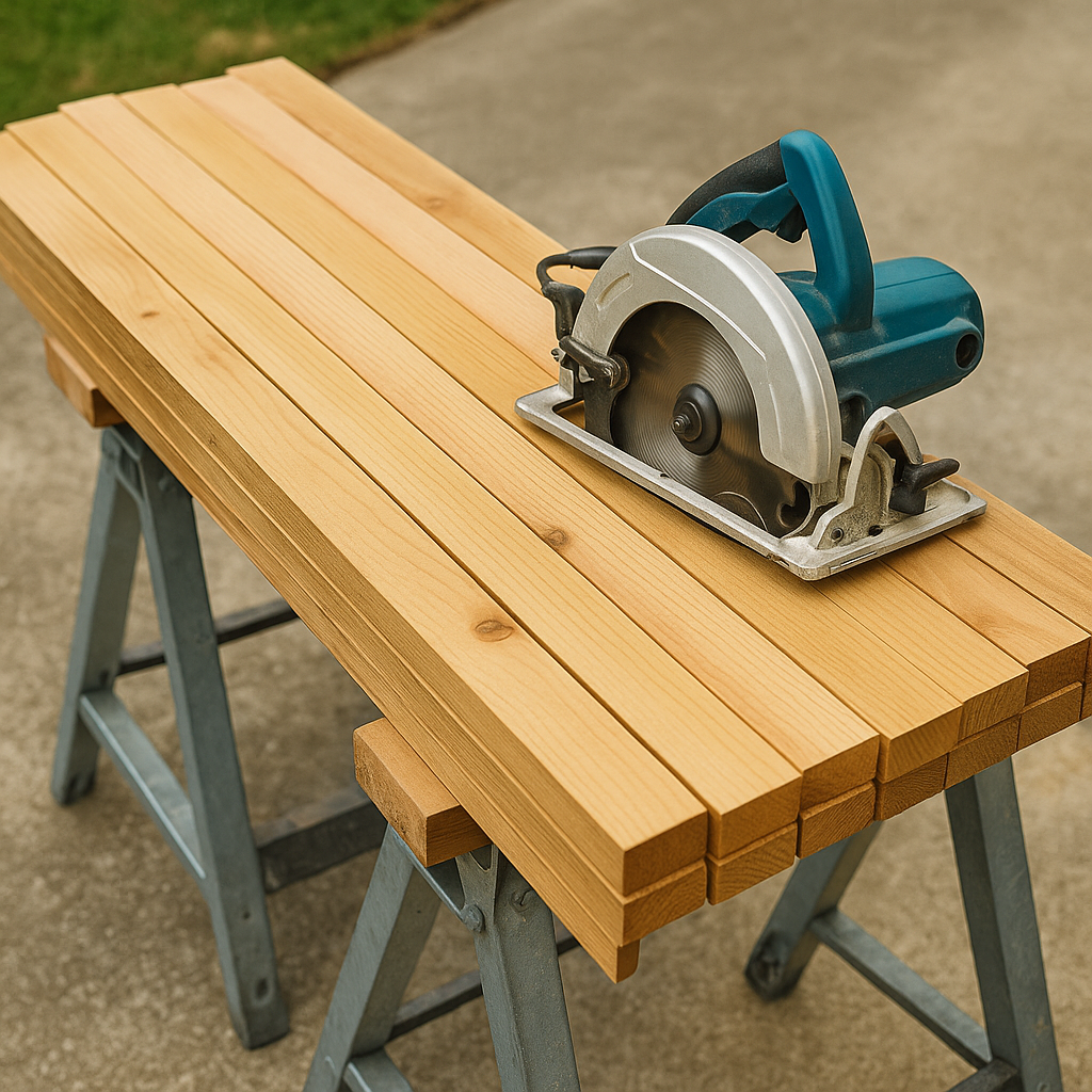Wooden planks lined up on a sawhorse ready to be cut for shutters.