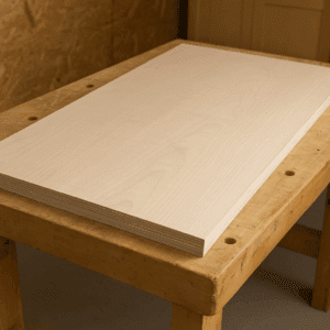 Sheet of maple plywood resting on a workbench, showing smooth surface and layered edges.
