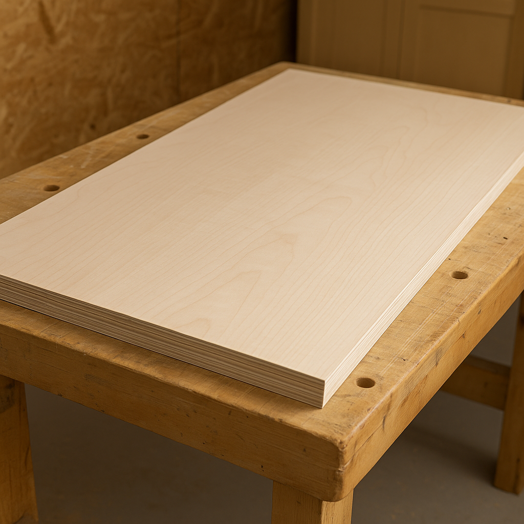 Sheet of maple plywood resting on a workbench, showing smooth surface and layered edges.