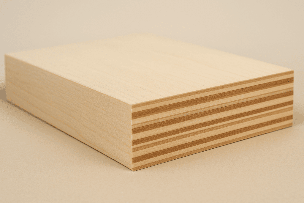 Close-up of maple plywood cross-section showing hardwood veneer layers
