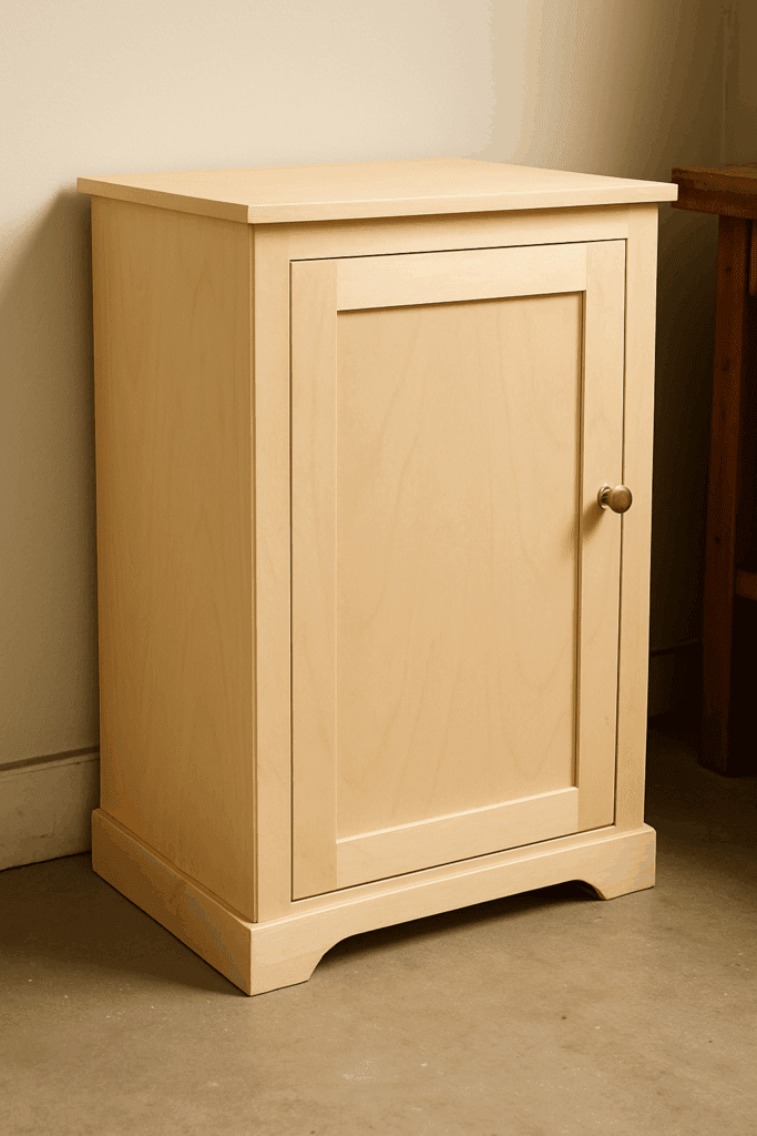 DIY maple plywood cabinet with smooth finish and trim.”