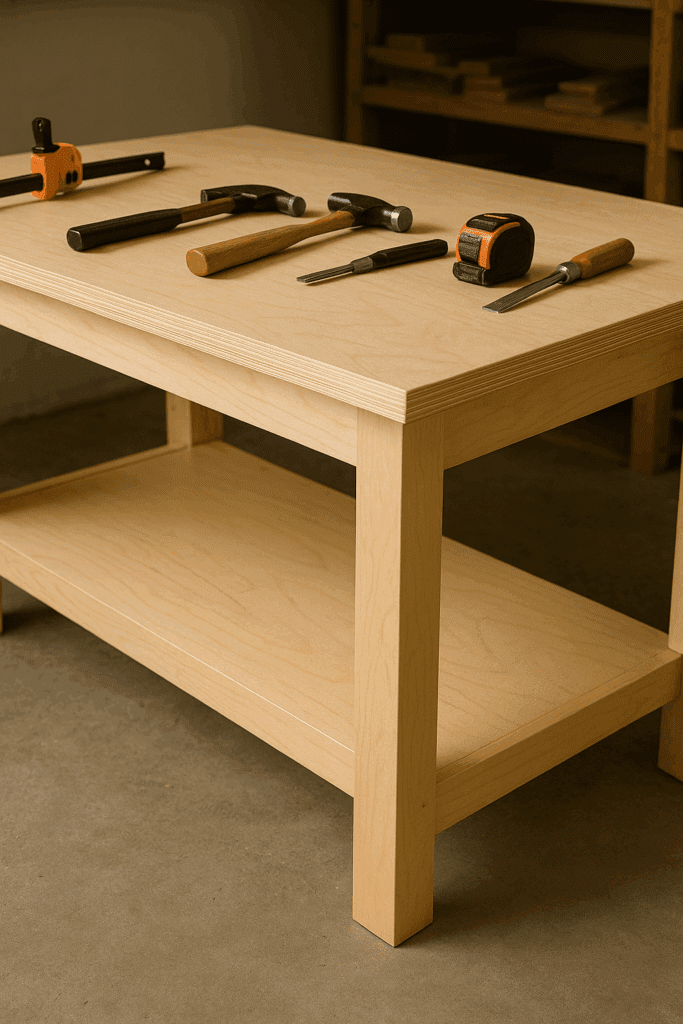 Sturdy maple plywood workbench with clamps and tools