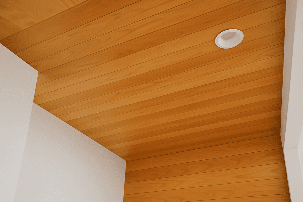 Maple plywood accent ceiling with honey-colored stain
