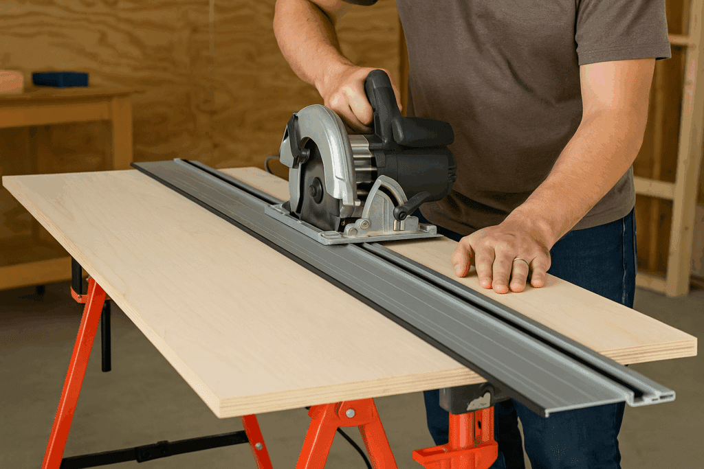 DIYer cutting maple plywood with a circular saw guide on sawhorses