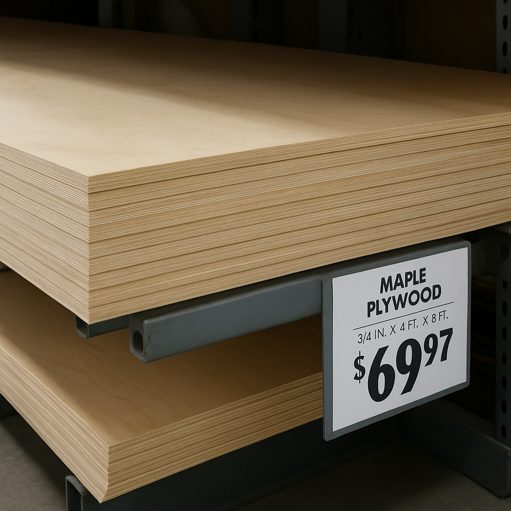 Stack of maple plywood sheets for sale at lumberyard.