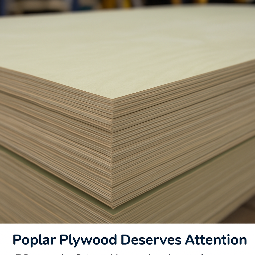 Stack of poplar plywood sheets showing smooth pale surface and layered edges.