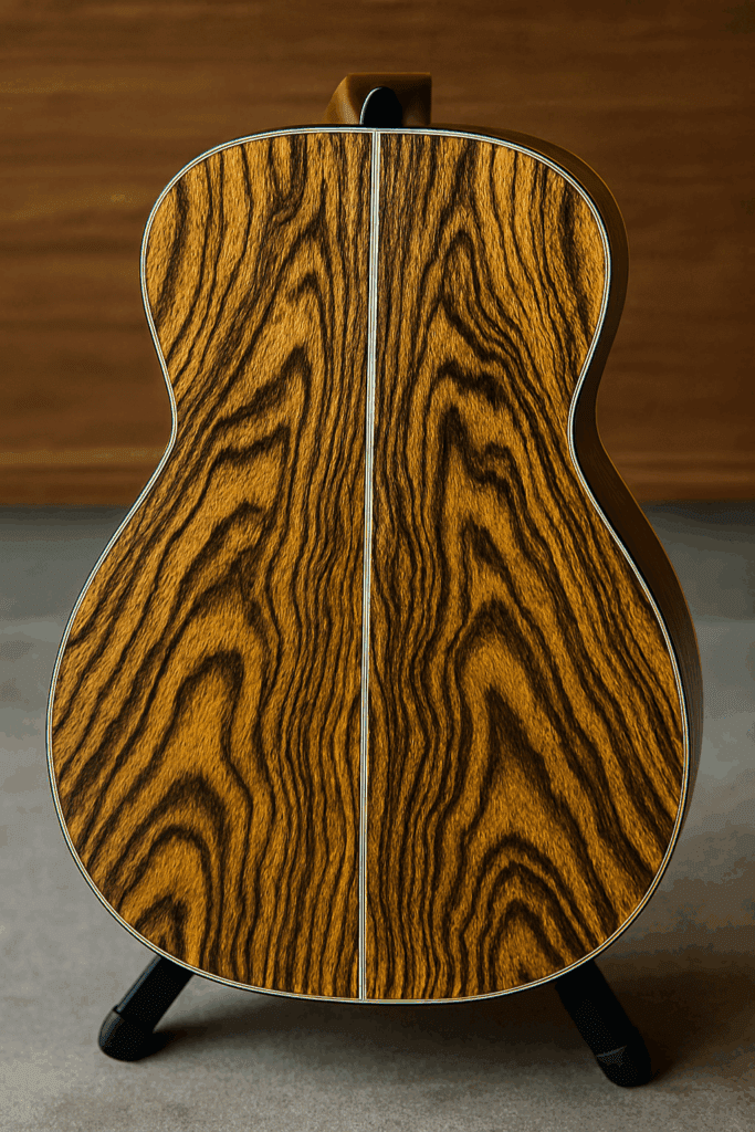 Acoustic guitar back crafted from Bocote wood showing dramatic zebra-like grain