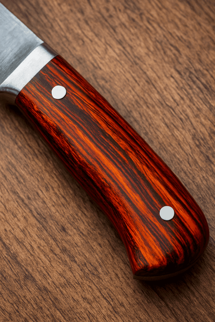 Polished Cocobolo knife handle with deep orange and red streaks