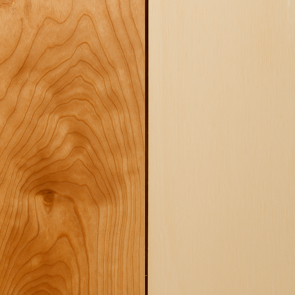 Maple plywood with visible grain patterns compared to plain poplar plywood.”