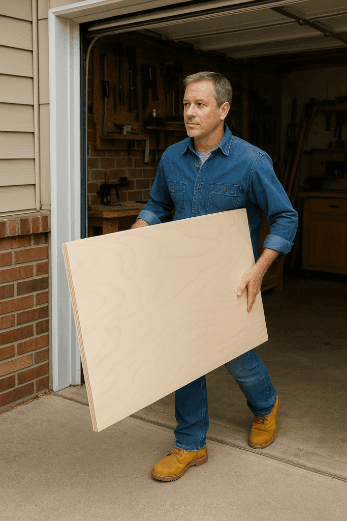 DIY woodworker carrying a lightweight sheet of poplar plywood into a workshop