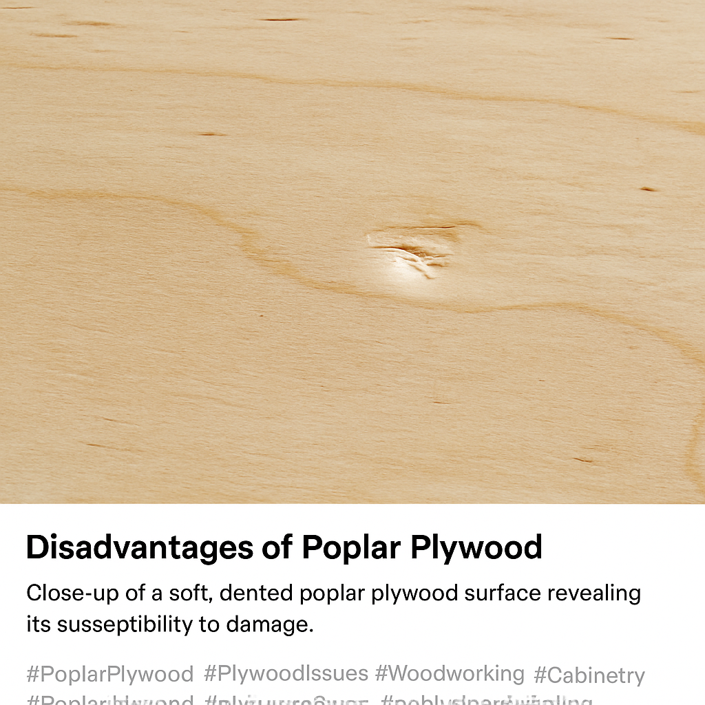 Close-up of dented poplar plywood surface showing softness issue.”