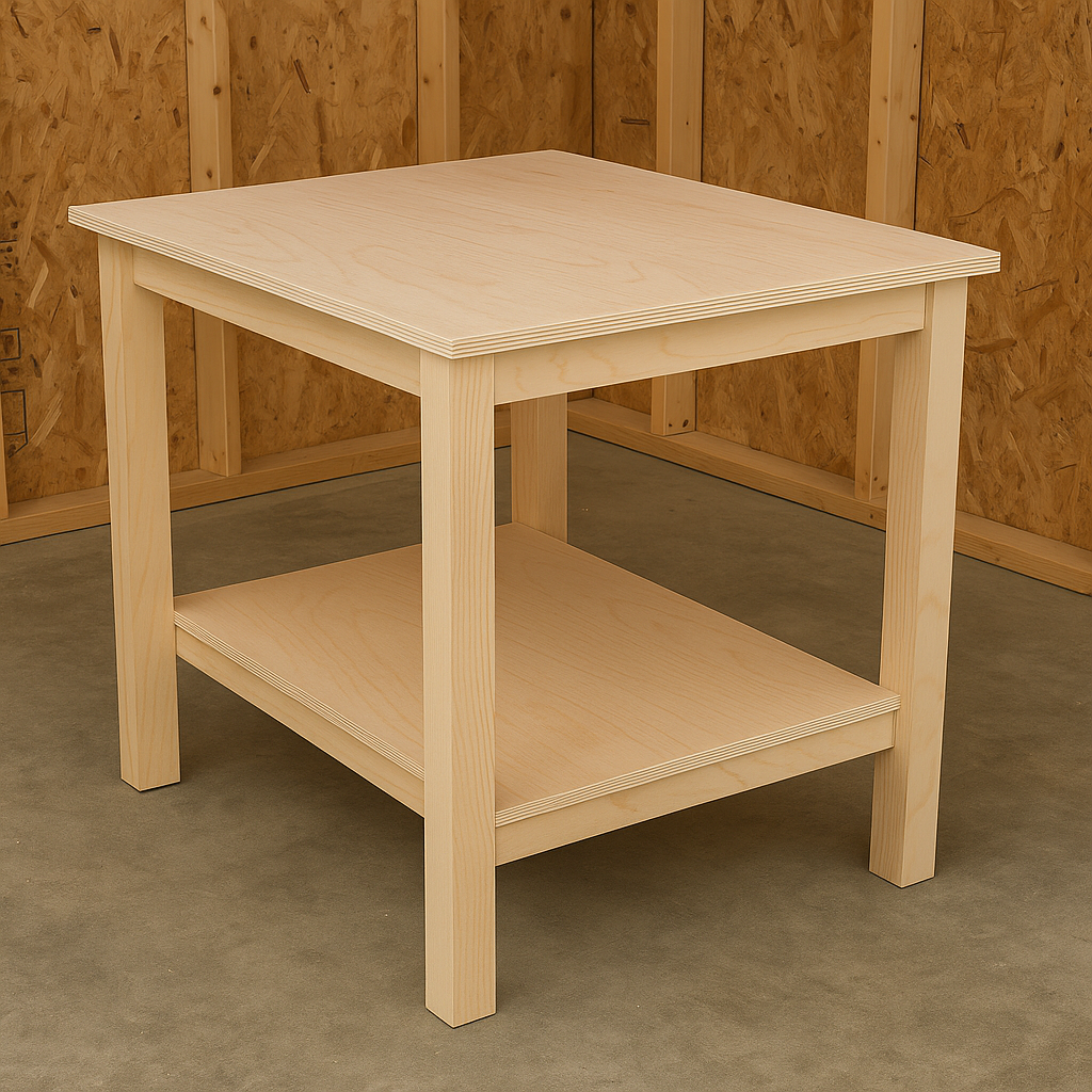Budget-friendly DIY work table built from poplar plywood sheets.