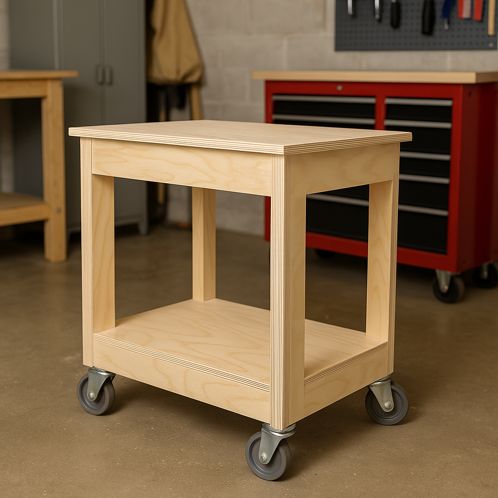 Rolling tool cart made from poplar plywood in a workshop