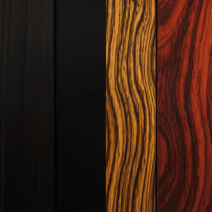 Collection of exotic wood samples including African Blackwood, Ebony, Bocote, and Cocobolo, showcasing rare and expensive species.