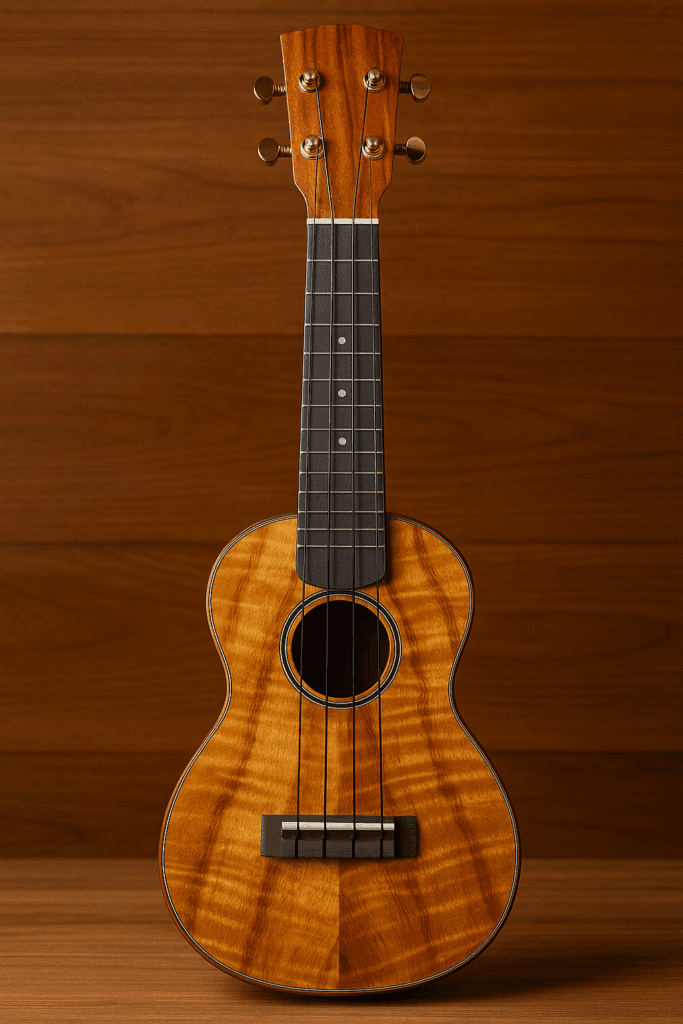 Hawaiian ukulele made from golden Koa wood with shimmering grain