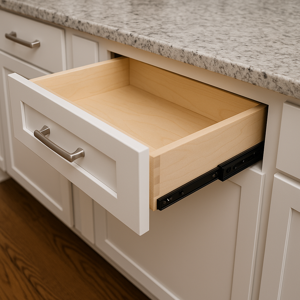 Undermount drawer slides hidden beneath the kitchen cabinet drawer