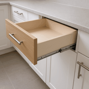 Modern kitchen drawer with undermount soft-close drawer slides installed