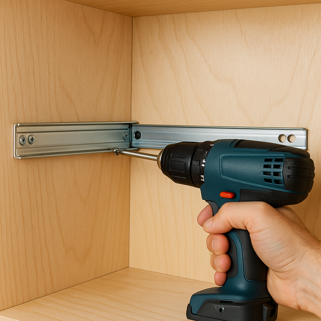 Installing cabinet rail of drawer slide with cordless drill