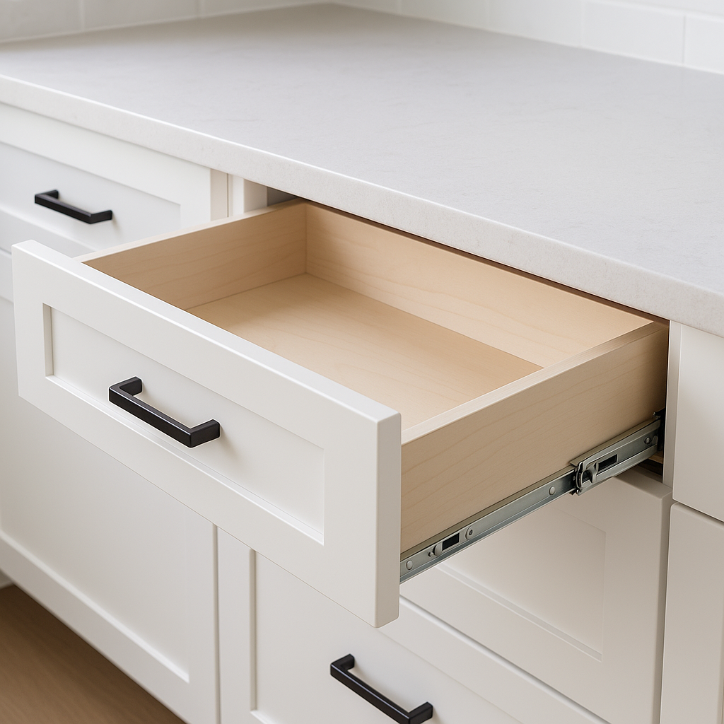 Kitchen cabinet with soft-close drawer slides installed for smooth motion