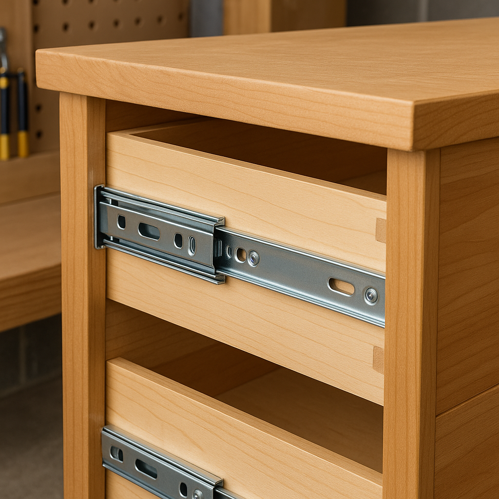 Side-mount drawer slides installed on a wooden tool cabinet