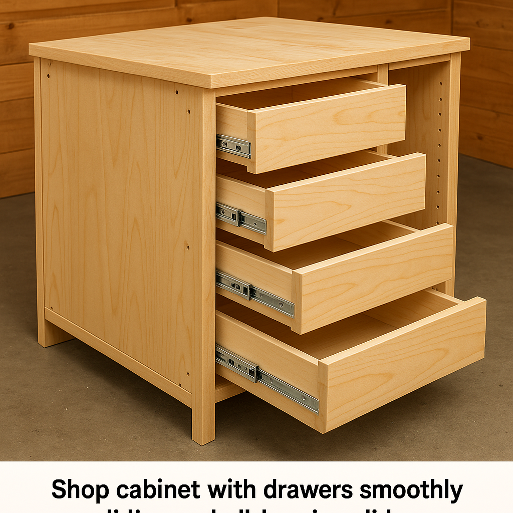 Workshop cabinet with drawers using smooth ball-bearing drawer slides