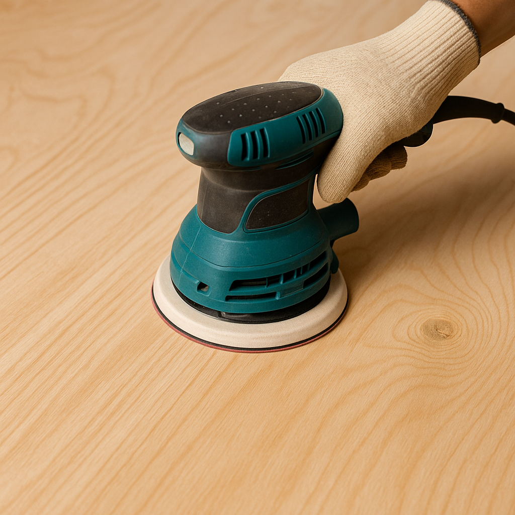 Sanding plywood with an orbital sander along the grain