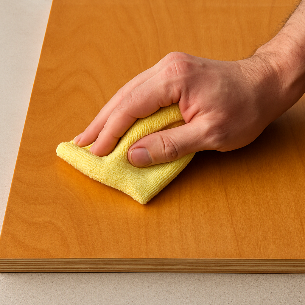 Buffing a plywood panel to a smooth satin finish.