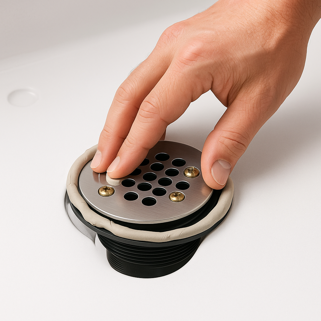 Homeowner installing a shower pan drain with plumber’s putty for a watertight seal